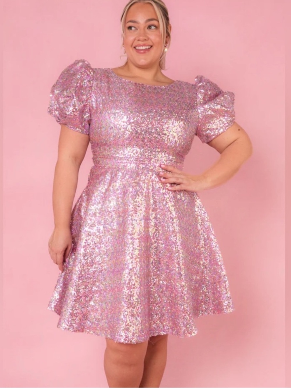 Ivy City Co Pink Sequin Puff-Sleeve Dress